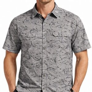 Croft & Barrow Mens Large Gray Fish Print Quick Dry Ventilated Fishing Shirt